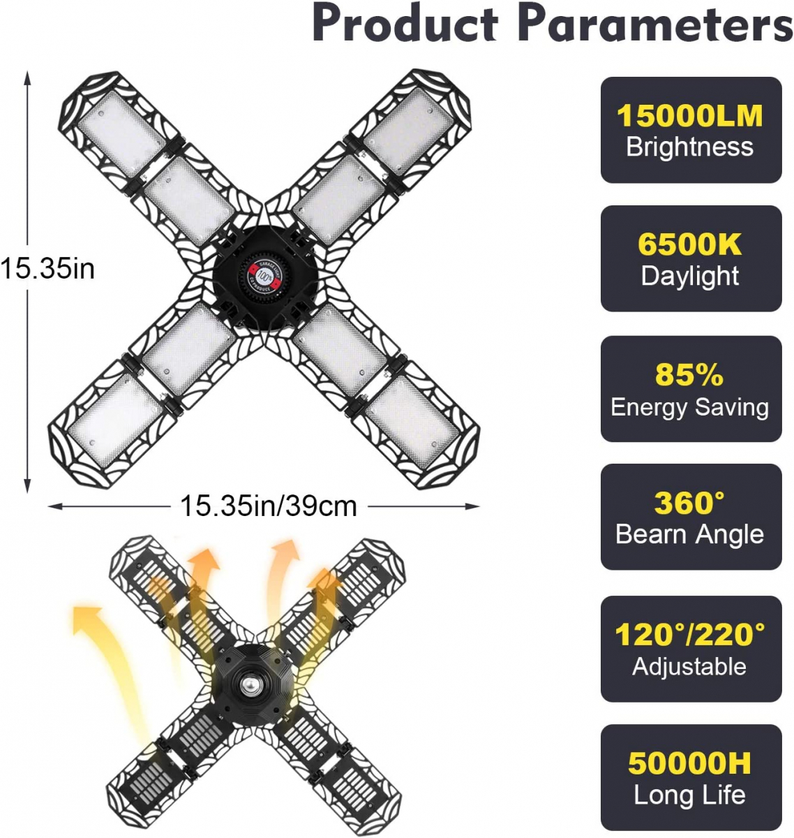 P8 Vikbar LED Garage-lampa, E27, 150W, 15000lm