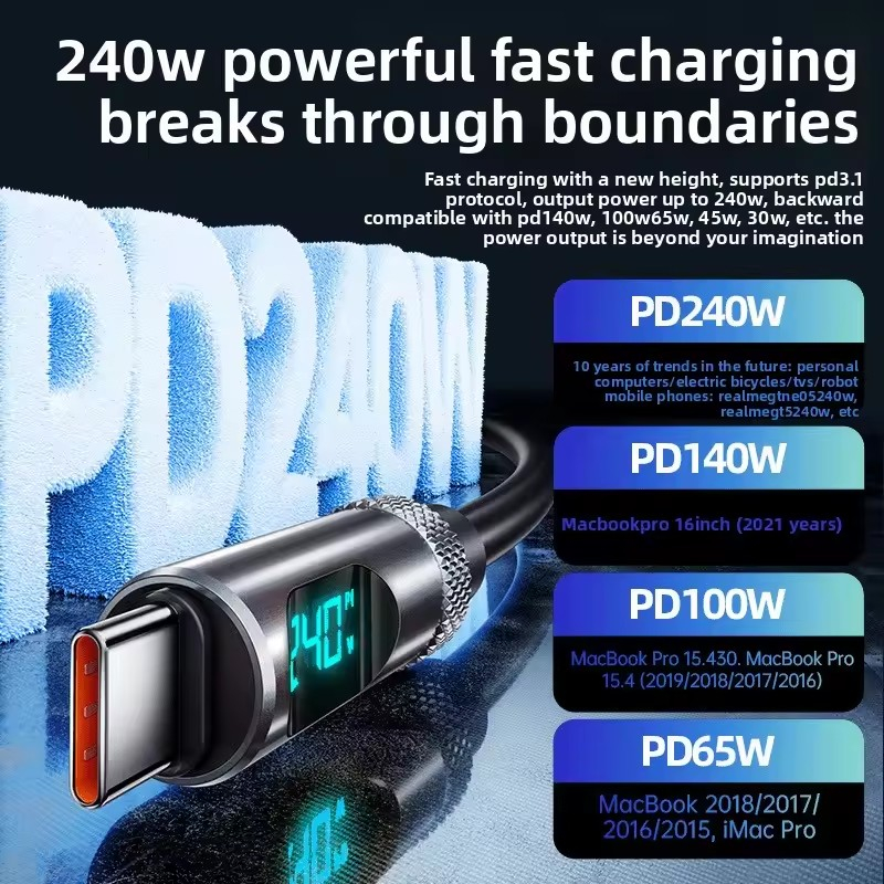 USB-C till USB-C kabel med digital display, 240W, 5A, 1.2m