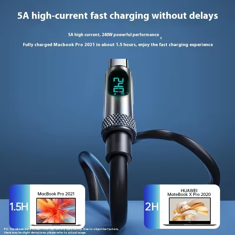 USB-C till USB-C kabel med digital display, 240W, 5A, 1.8m