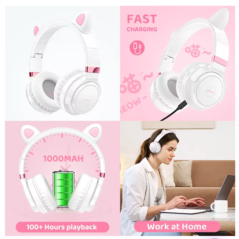 Picun B29 Trådlösa barnhörlurar med LED-kattöron, rosa