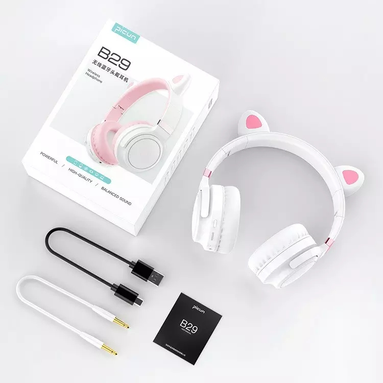 Picun B29 Trådlösa barnhörlurar med LED-kattöron, rosa