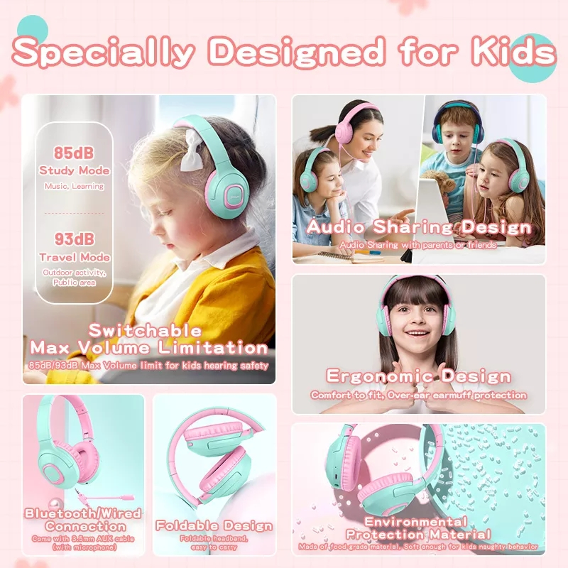 Picun E5 trådlösa barnhörlurar med volymbegränsning, 85dB, rosa