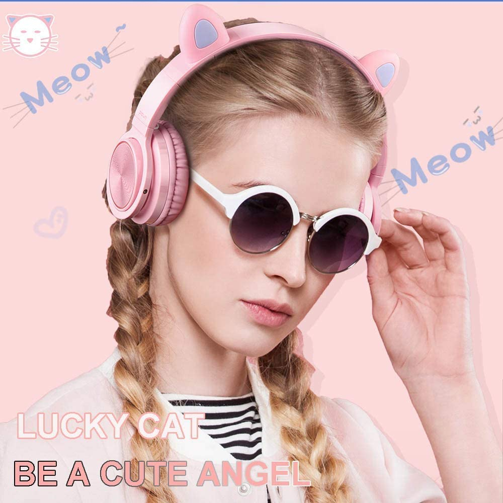 Picun Lucky Cat Trådlösa barnhörlurar med LED-öron, turkos
