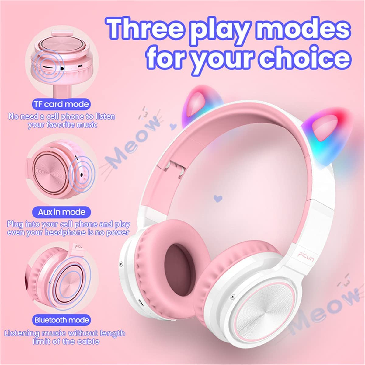Picun Lucky Cat Trådlösa barnhörlurar med LED-öron, rosa