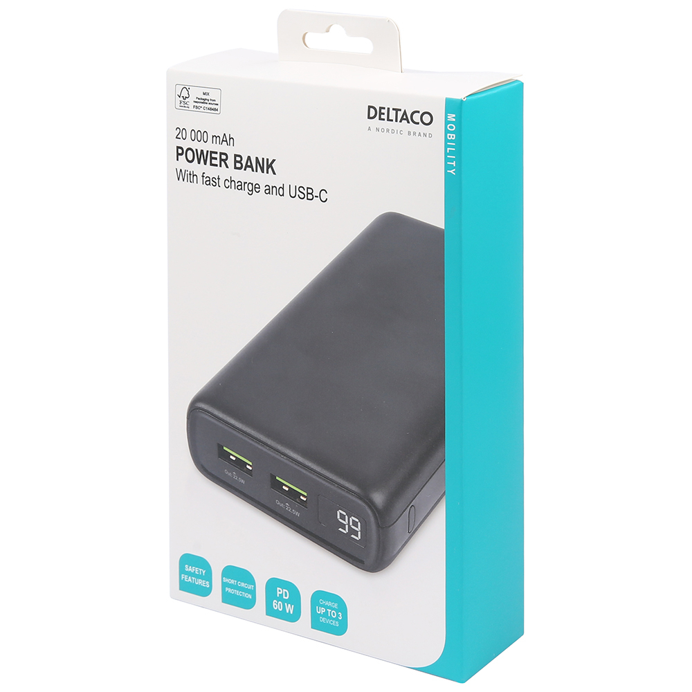 2xUSB+USB-C powerbank, PD 60W, 20 000mAh