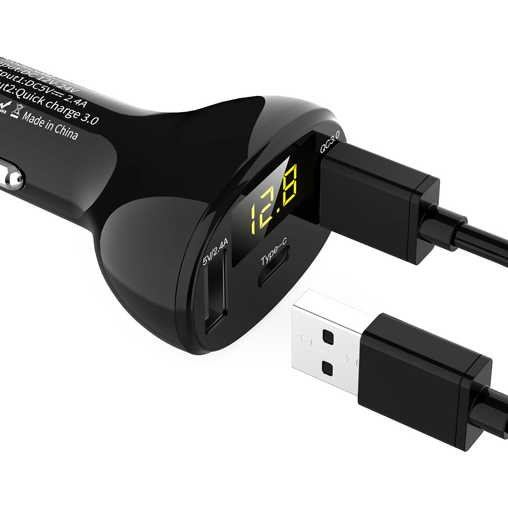 Billaddare med 2xUSB-C, QuickCharge 3.0, LED-display