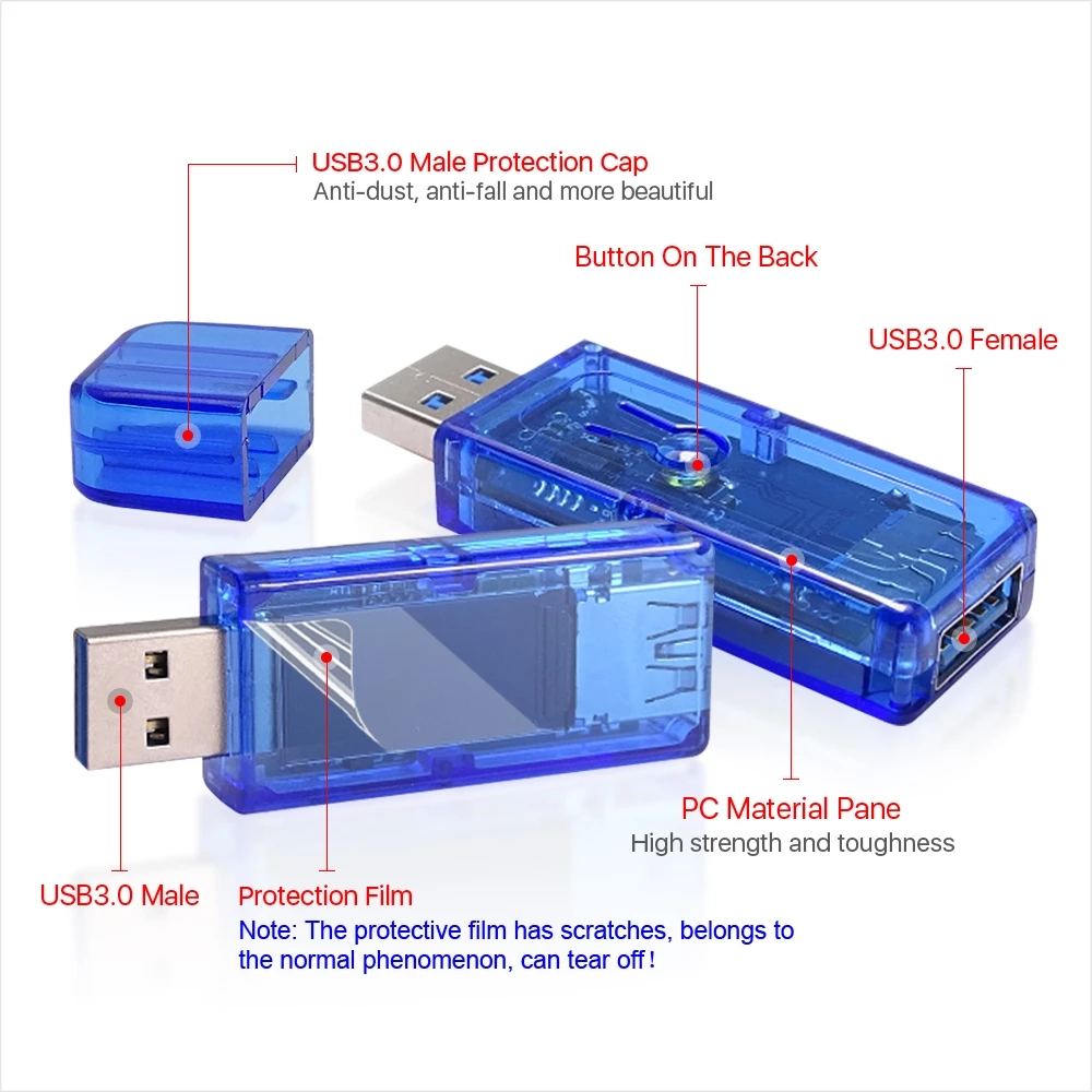 USB 3.0 voltmätare med LCD-display, 0-120W, blå