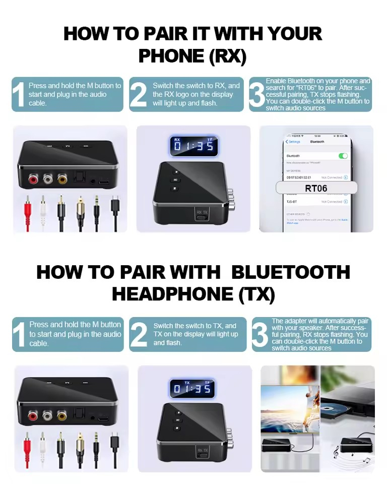 Mångsidig Bluetooth 5.4 ljudadapter, RCA, AUX, 5.2V