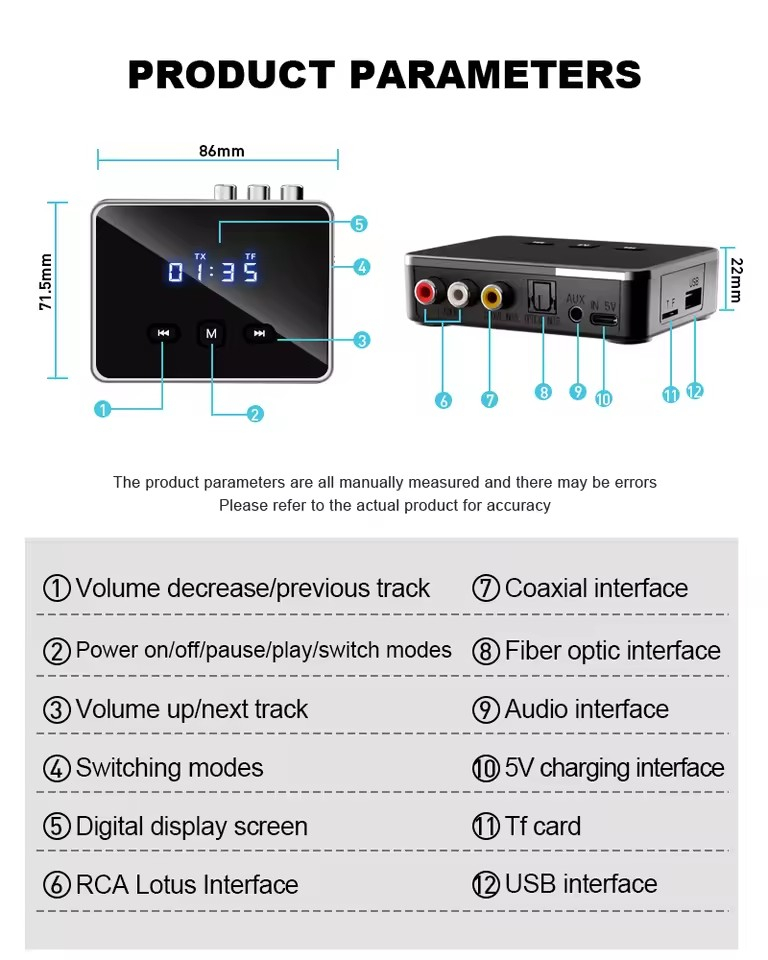 Mångsidig Bluetooth 5.4 ljudadapter, RCA, AUX, 5.2V