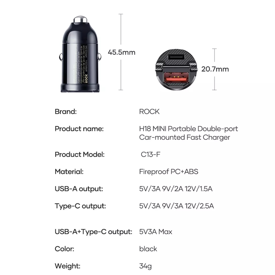 Rock H18 USB+USB-C billaddare, 30W