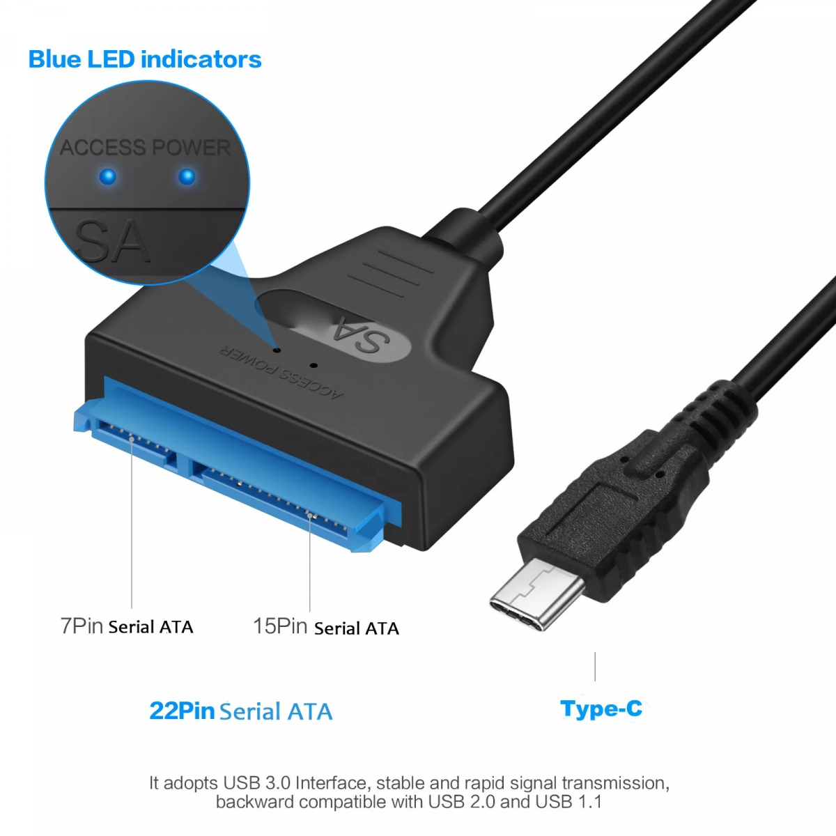 SATA till USB-C adapterkabel, 2.5 tum, 6Gbps, 25cm