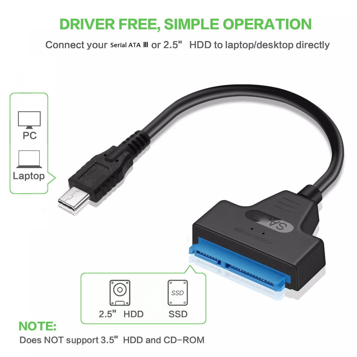 SATA till USB-C adapterkabel, 2.5 tum, 6Gbps, 25cm