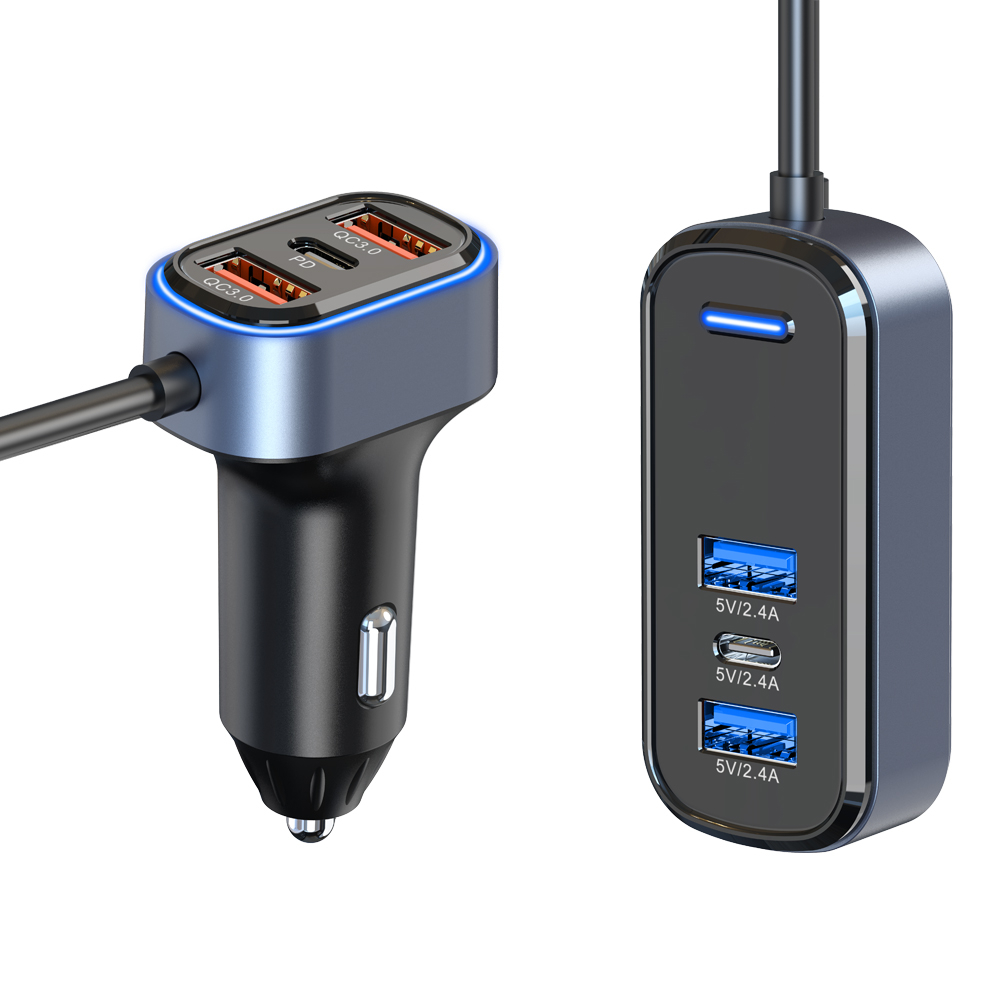 Billaddare med förlängare, 4xUSB+ 2xUSB-C, QC3.0, PD, 65.5W