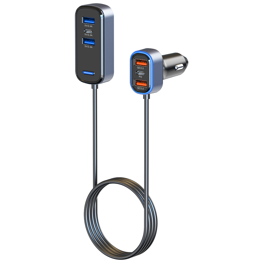 Billaddare med förlängare, 4xUSB+ 2xUSB-C, QC3.0, PD, 65.5W