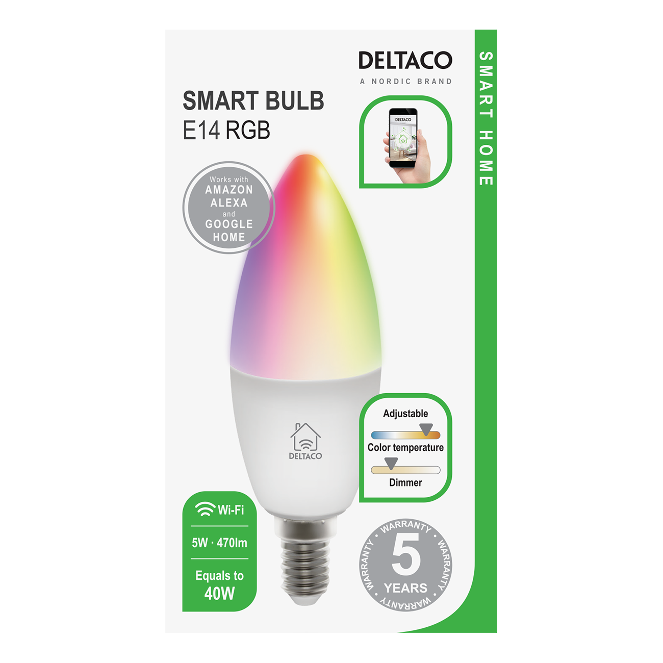 DELTACO SMART HOME Dimbar LED-lampa, E14, 5W