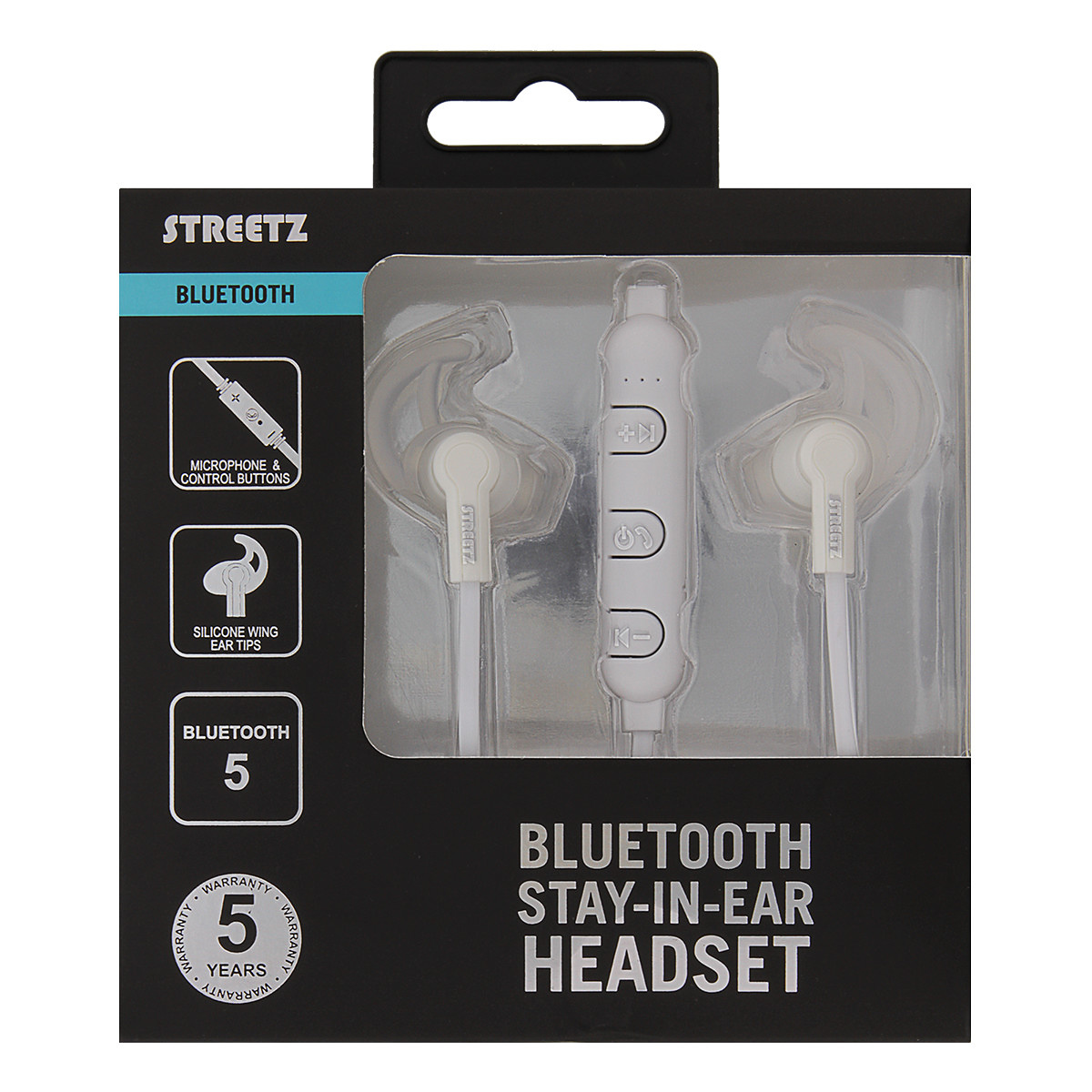 STREETZ Bluetooth Stay-in-ear Headset, Bluetooth 5, vit
