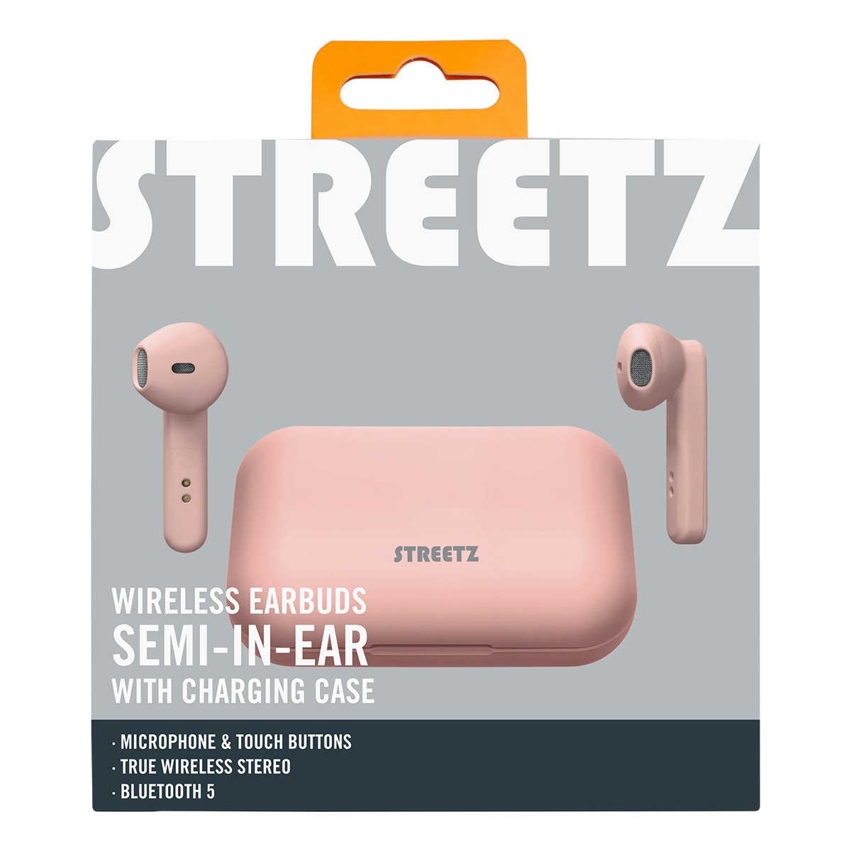 STREETZ Trådlösa Semi-In-Ear hörlurar med etui, TWS, rosa