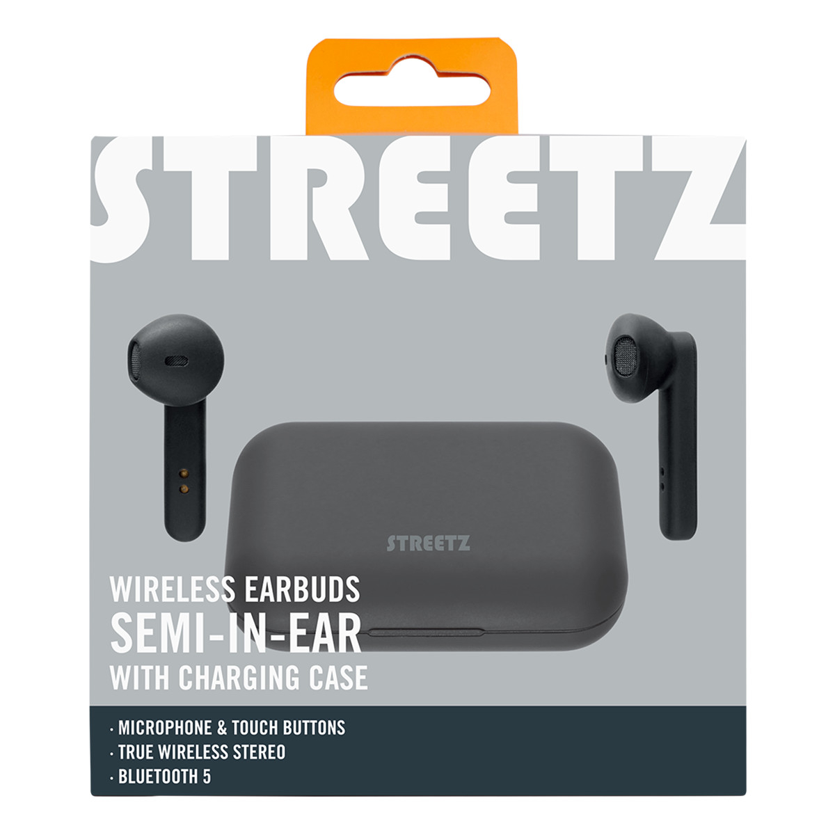 STREETZ Trådlösa Semi-In-Ear hörlurar med etui, TWS, svart