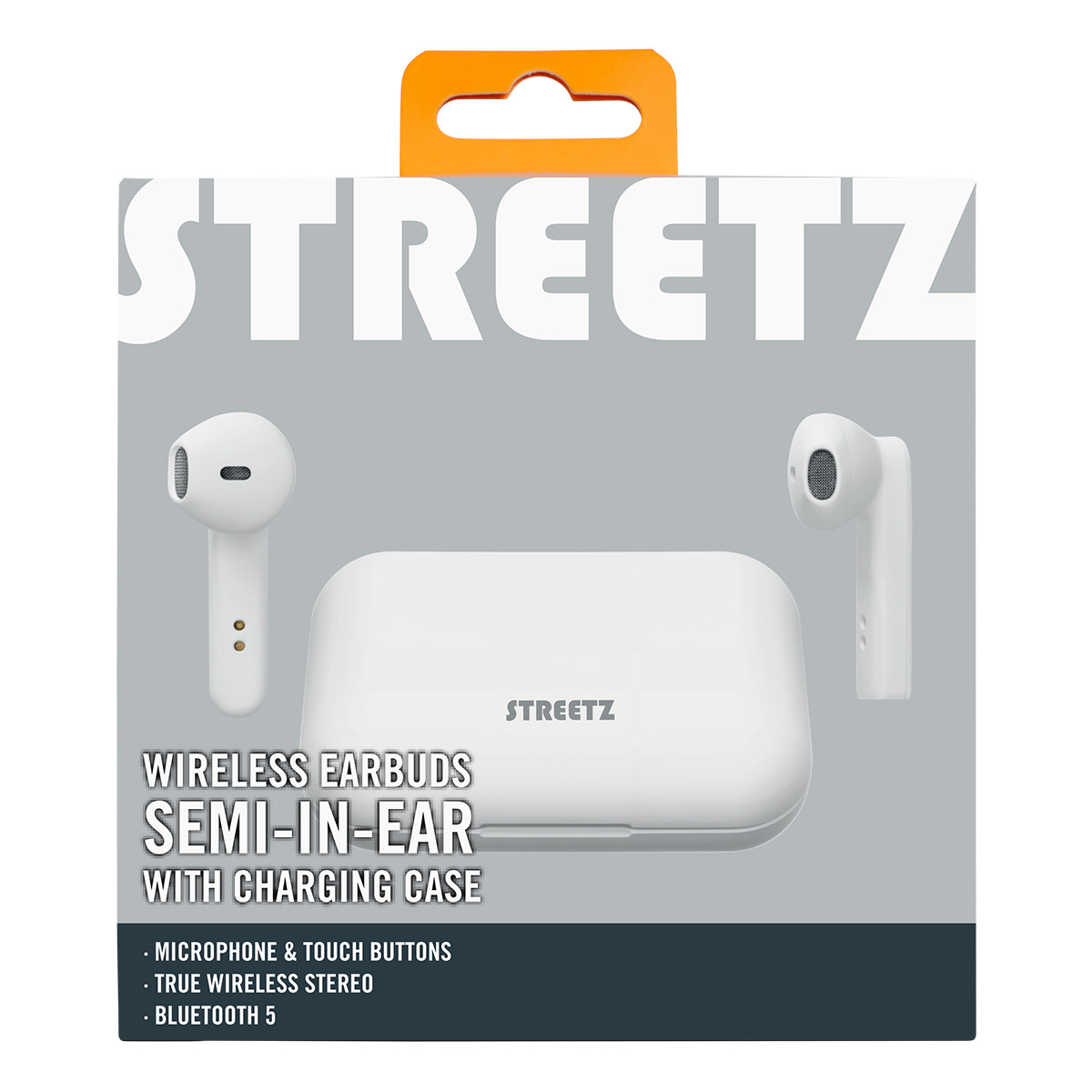 STREETZ Trådlösa Semi-In-Ear hörlurar med etui, TWS, vit