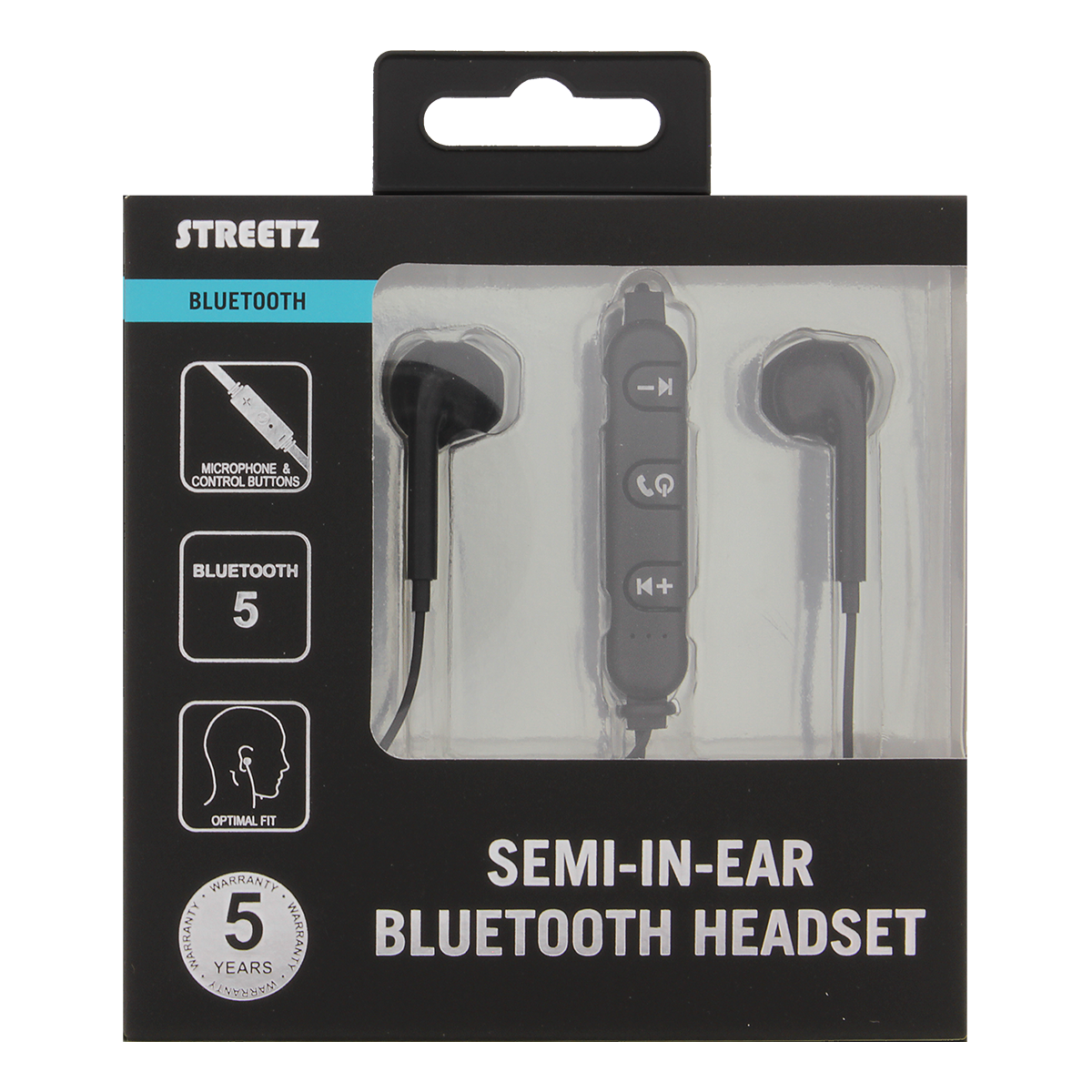STREETZ Semi-in-ear Bluetooth headset, optimal passform, svart