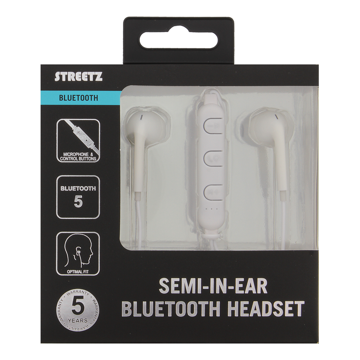 STREETZ Semi-in-ear Bluetooth headset, optimal passform, vit