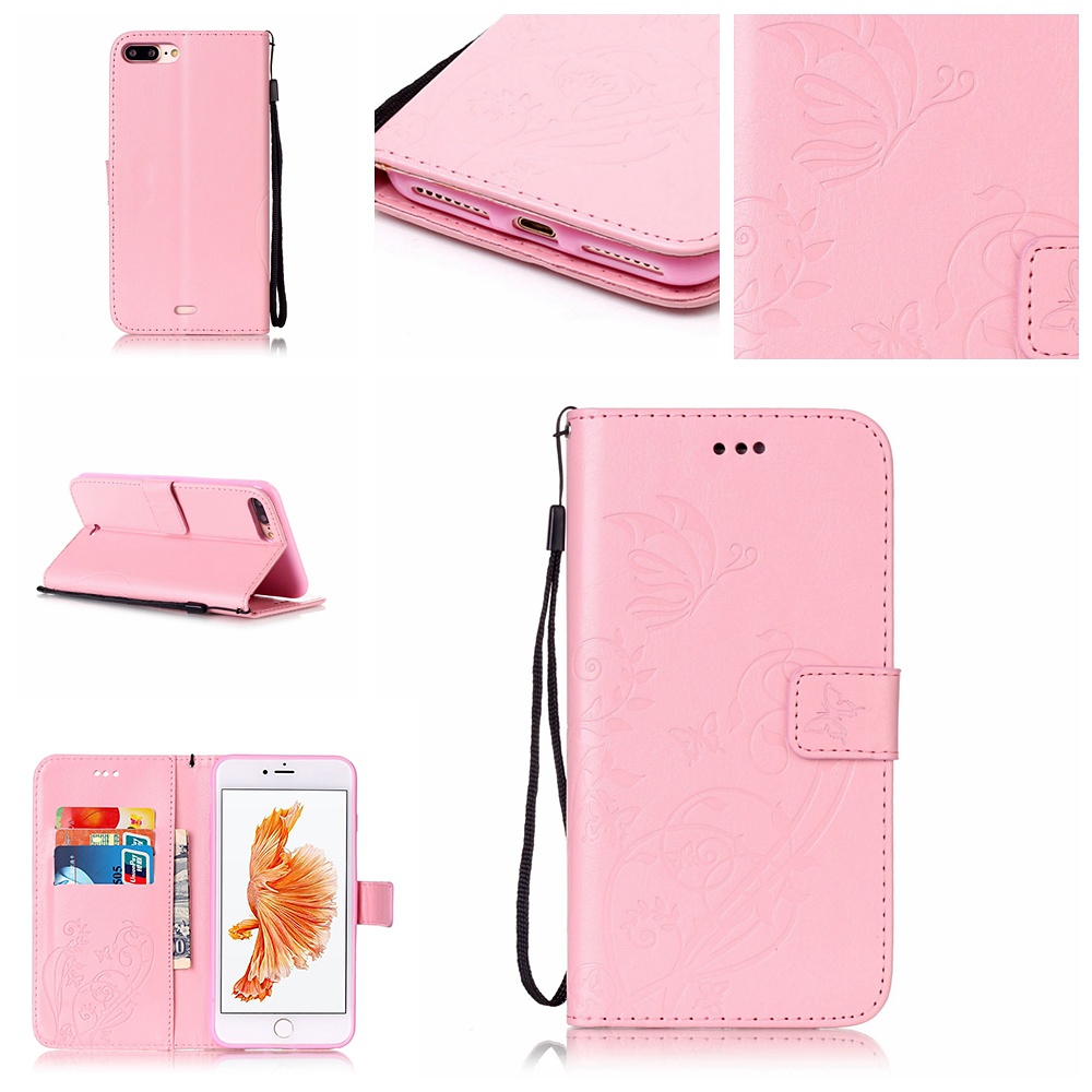 Läderfodral med vristband och stöd, iPhone 7 Plus, rosa