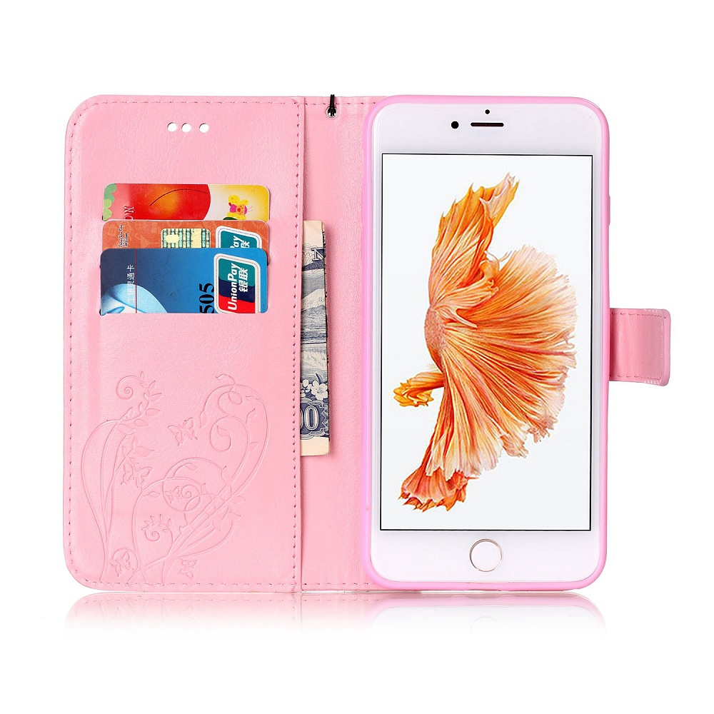 Läderfodral med vristband och stöd, iPhone 7 Plus, rosa