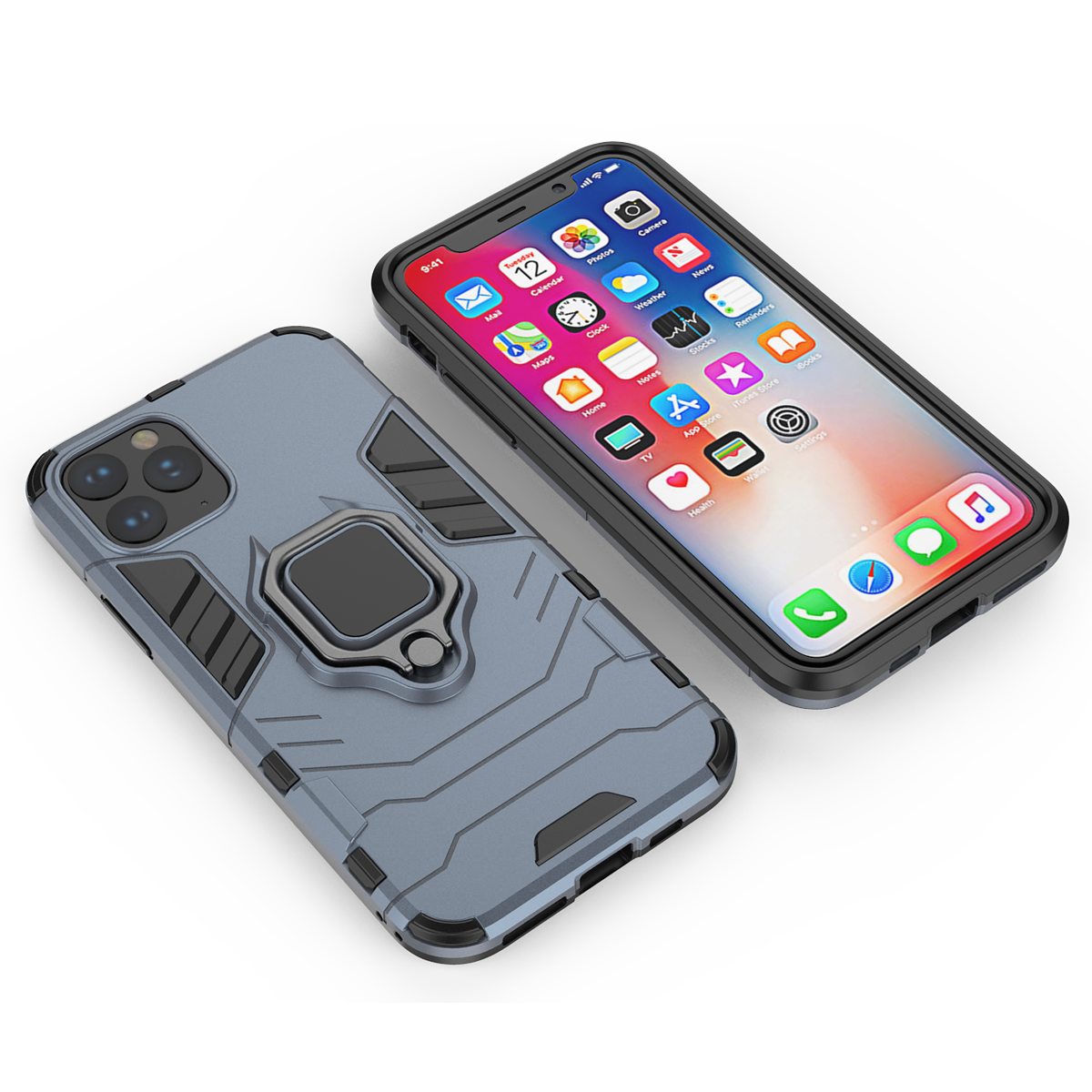 Stöttåligt skal med fingerring/ställ, iPhone 11 Pro, blå/grå
