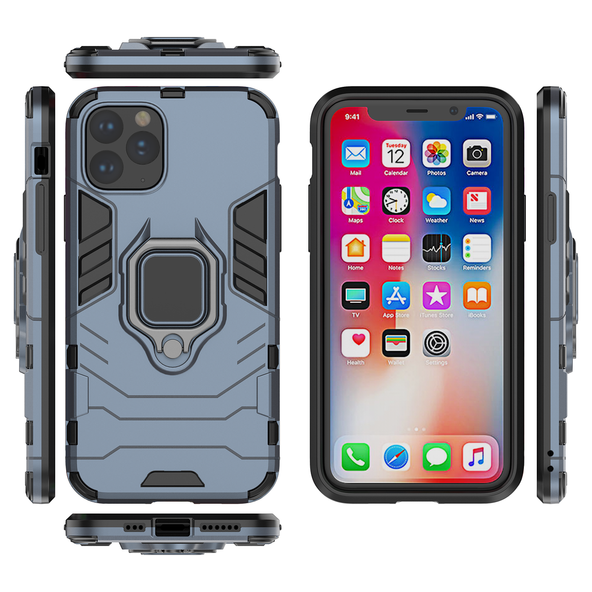 Stöttåligt skal med fingerring/ställ, iPhone 11 Pro, blå/grå