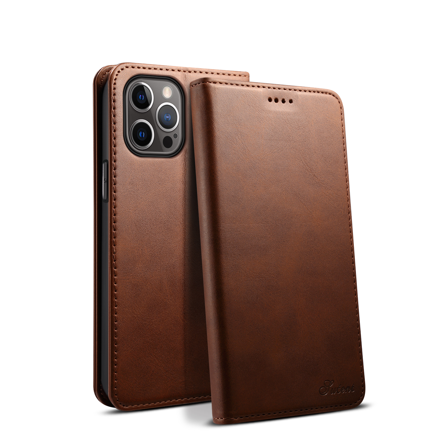 Suteni Calf Pattern PU Leather + TPU Case, iPhone 12 Pro Max, brun