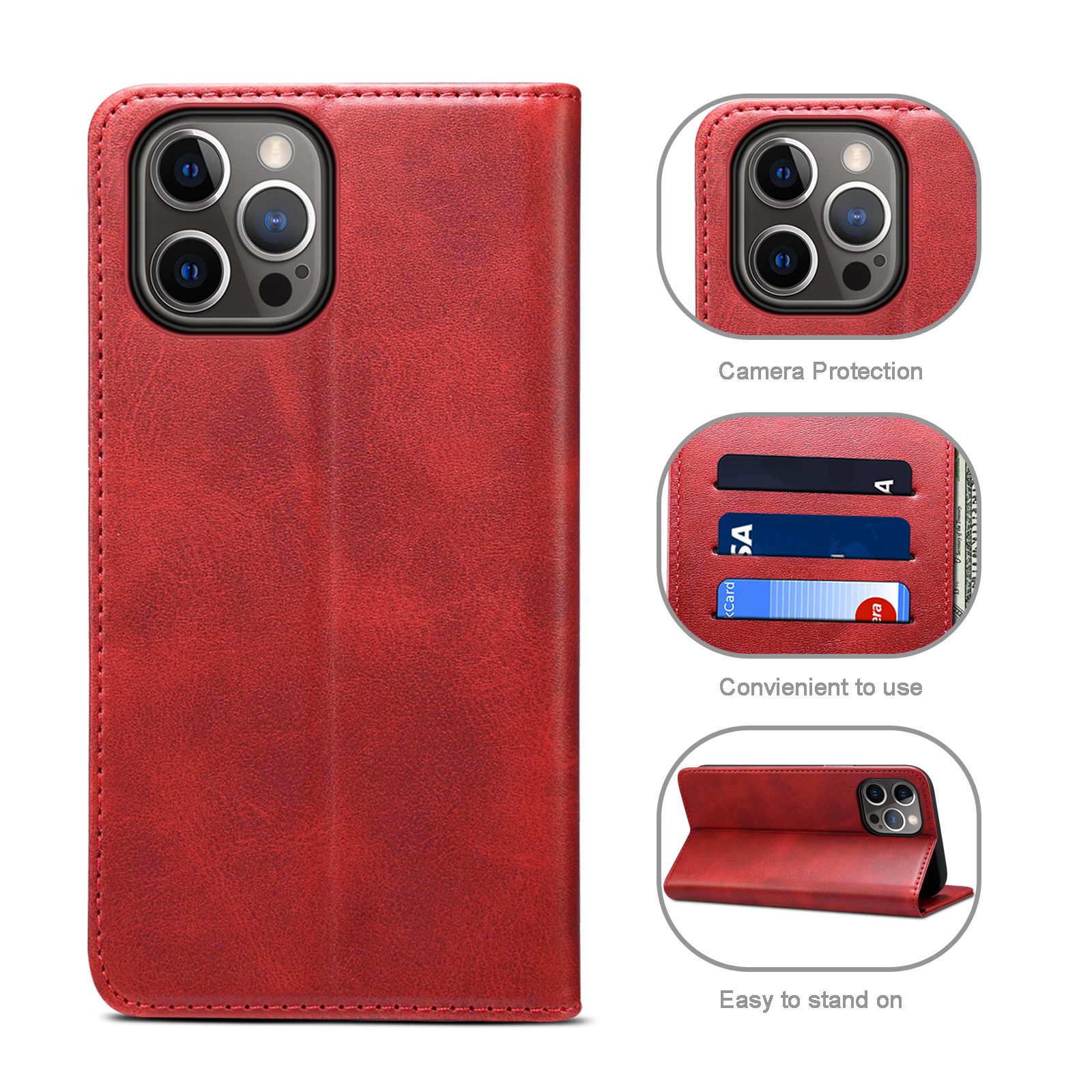 Läderfodral med kortplats och ställ, iPhone 12/12 Pro, röd