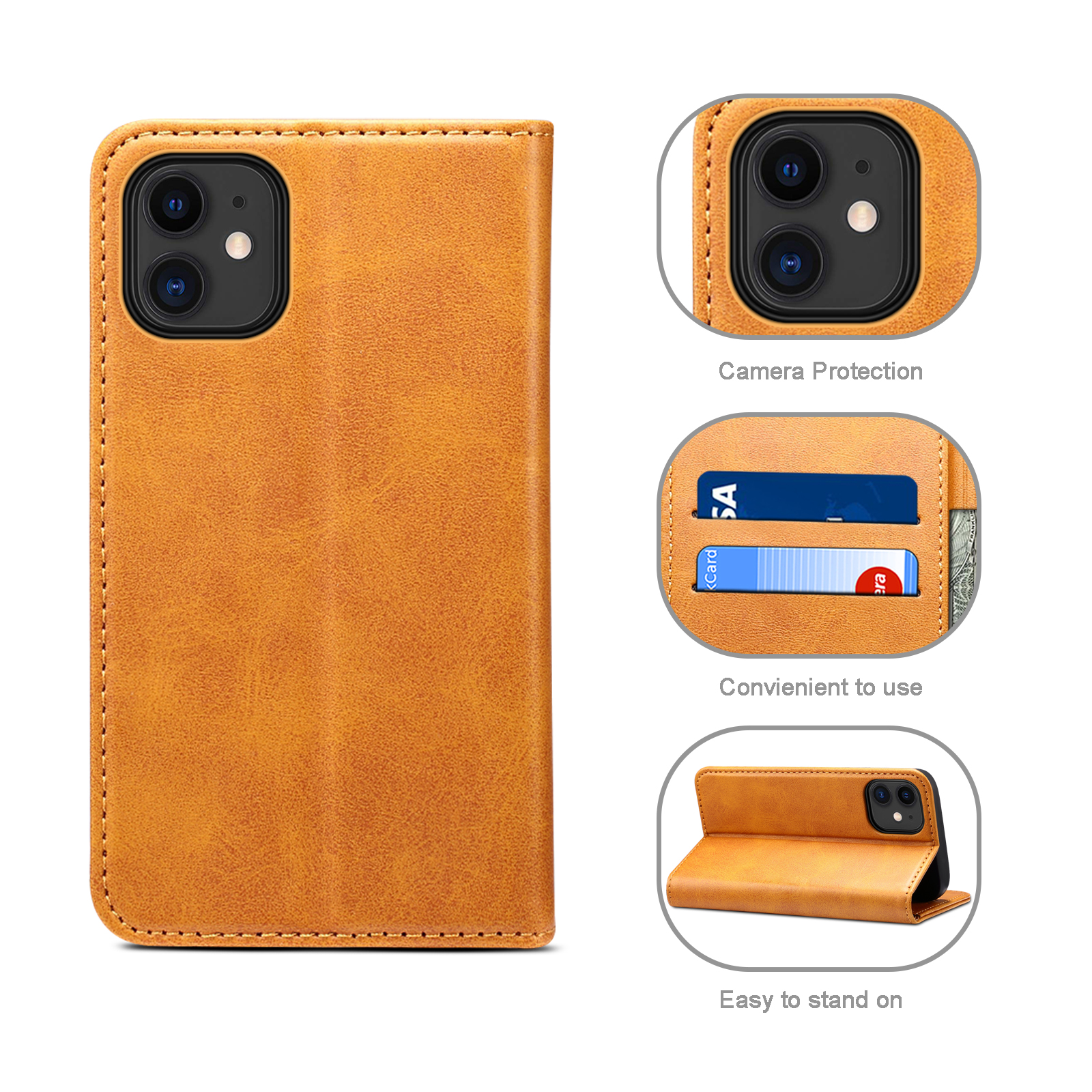 Läderfodral med kortplats och ställ, iPhone 12 Mini, ljusbrun