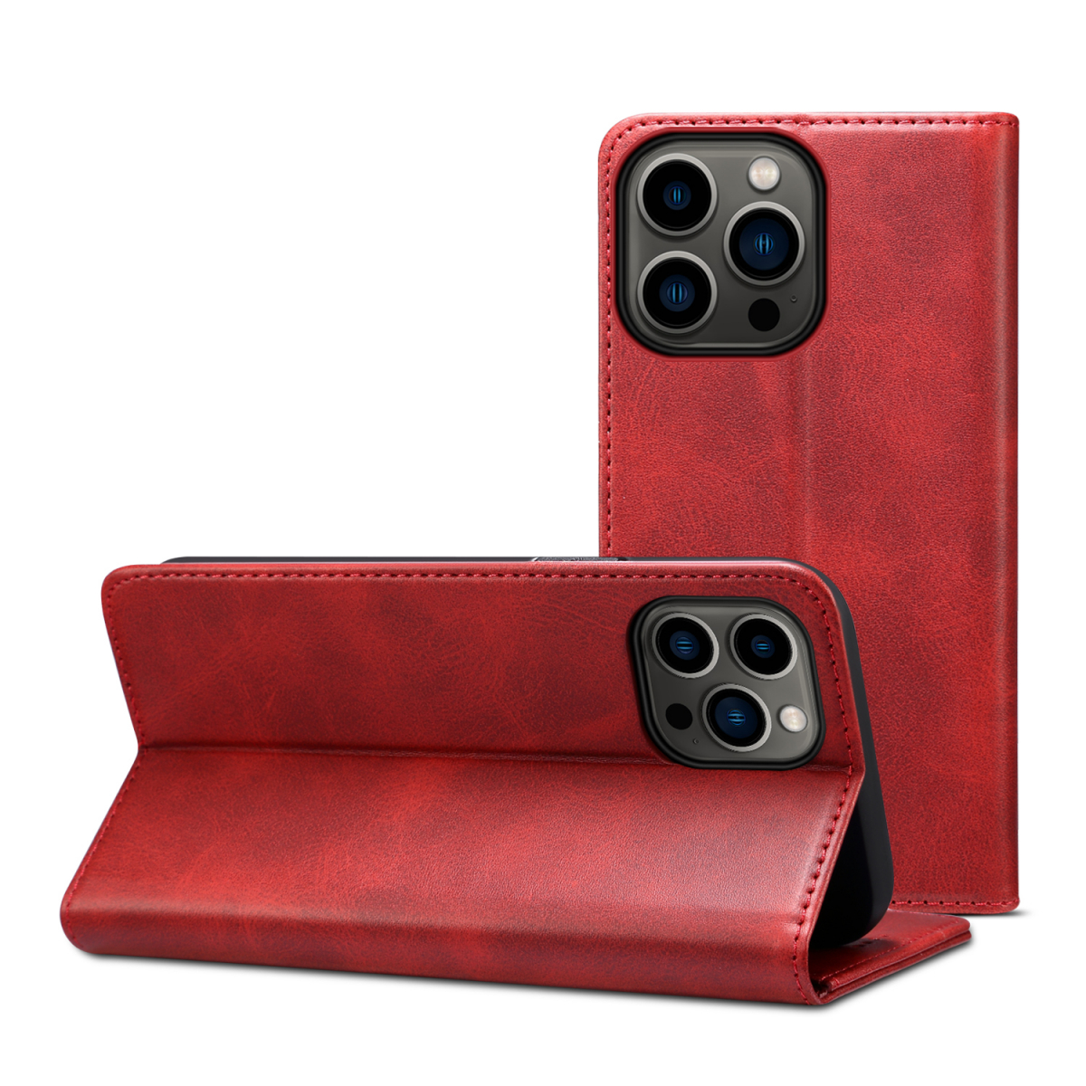 Läderfodral med kortplats och ställ, iPhone 13 Pro Max, röd
