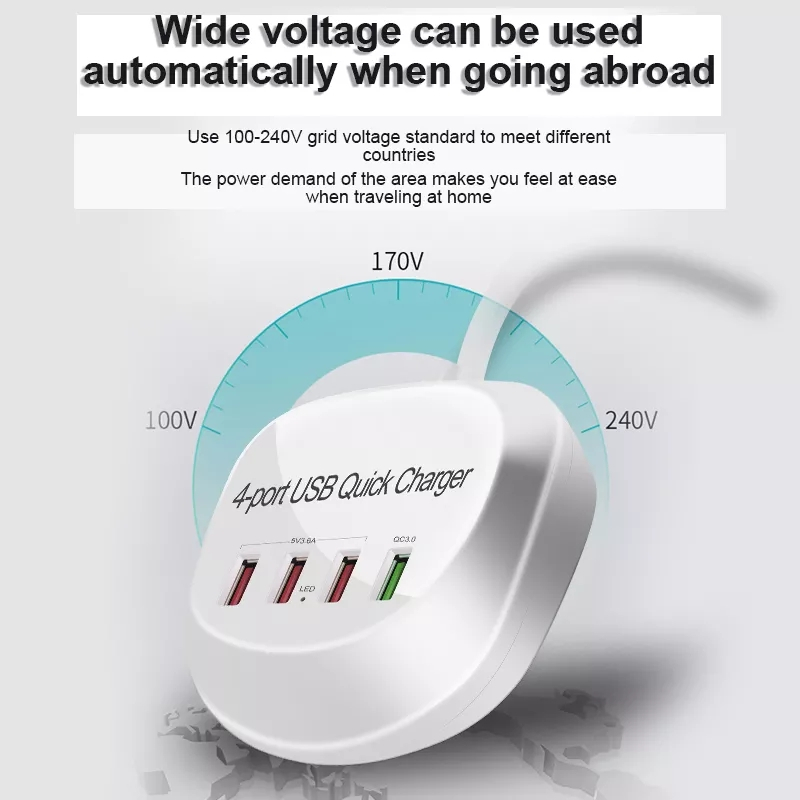 Bärbar USB-laddstation med 4 uttag, QC3.0, 30W, 88x85x32mm