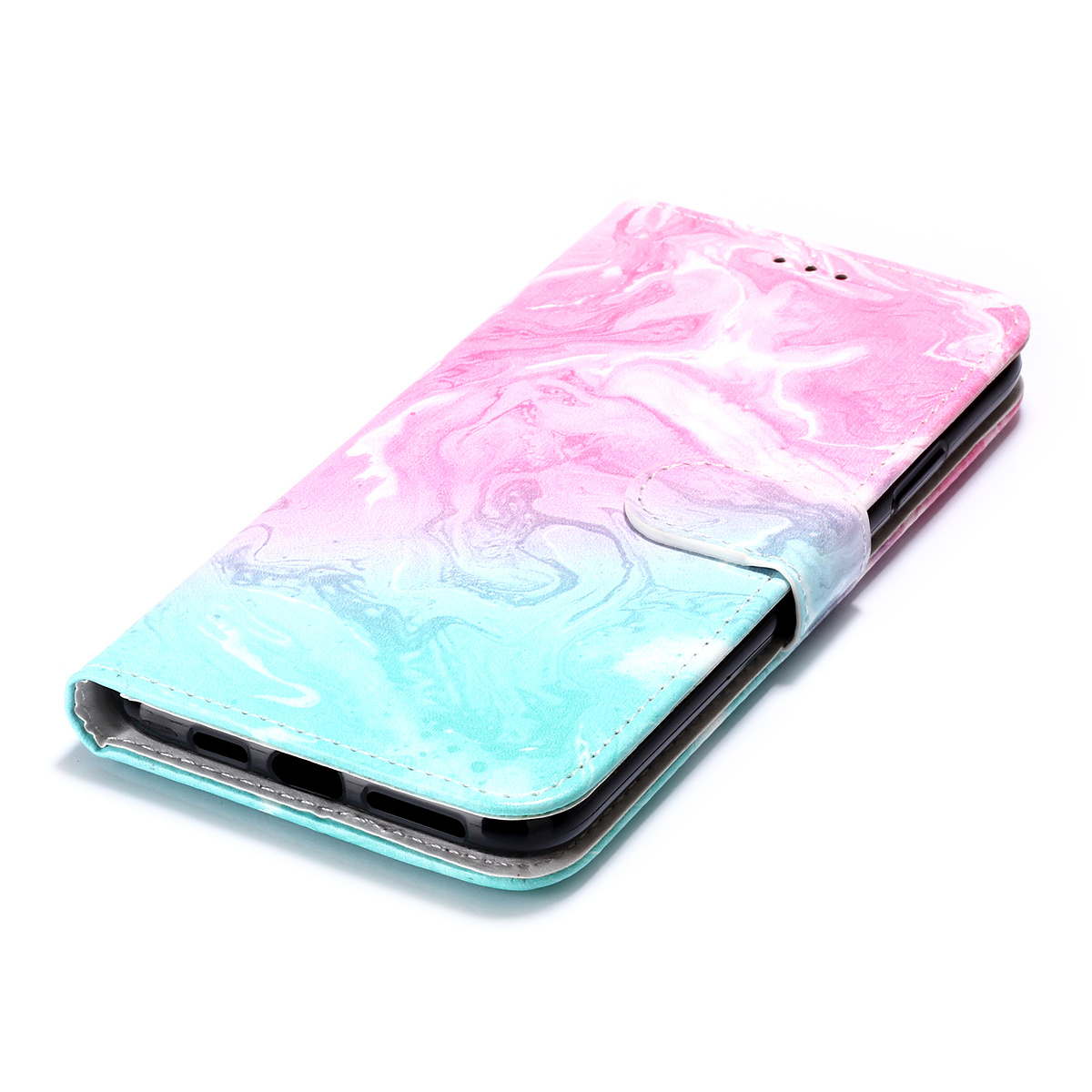 Trendigt läderfodral ställ, marmor, iPhone 11 Pro Max, rosa/blå