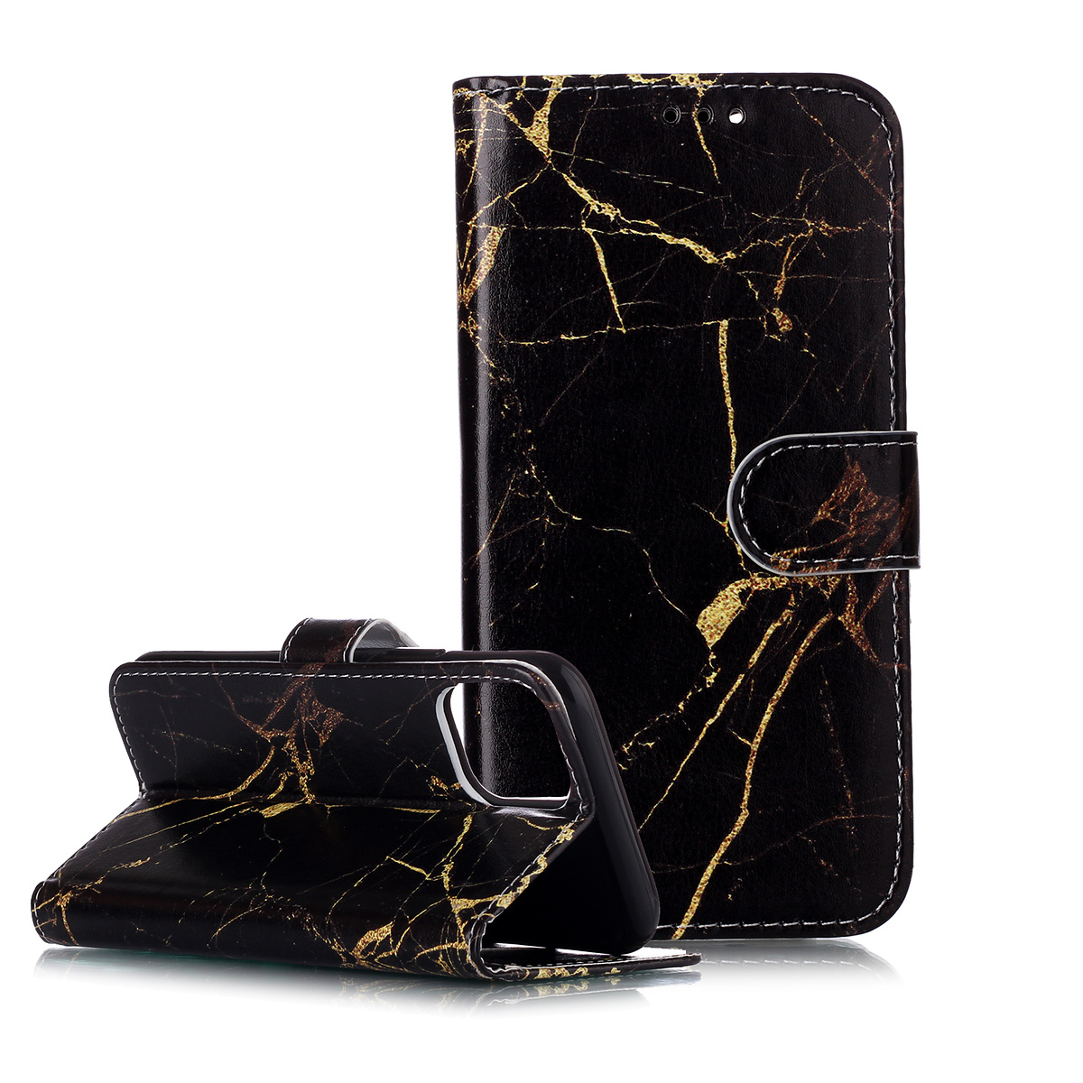 Trendigt läderfodral med ställ, marmor, iPhone 11 Pro Max, svart