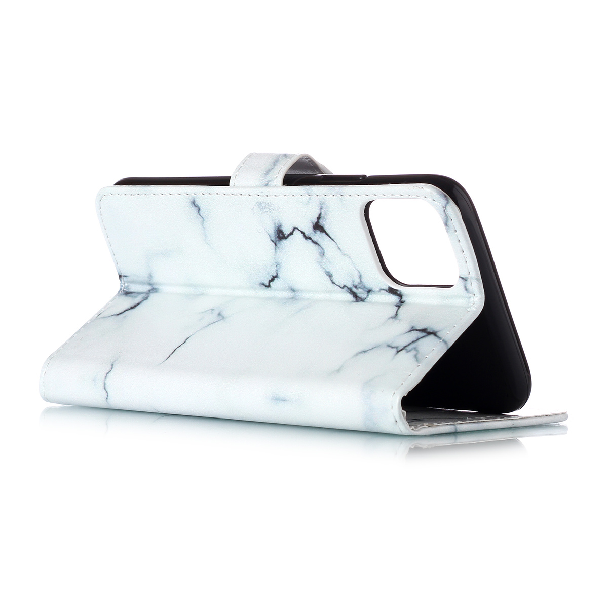 Trendigt läderfodral med ställ, marmor, iPhone 11 Pro Max, vit