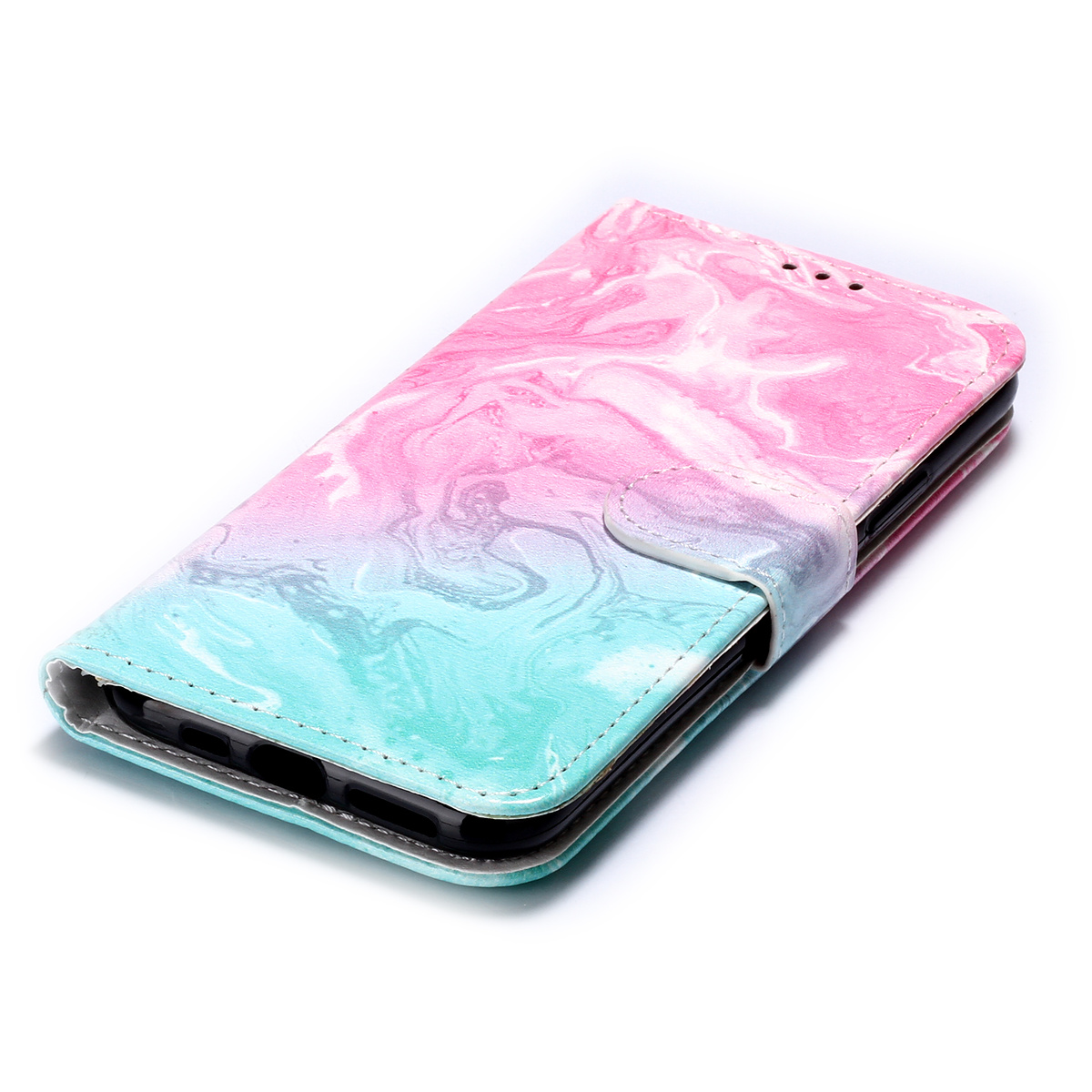 Trendigt läderfodral med ställ, marmor, iPhone 11 Pro, rosa/blå