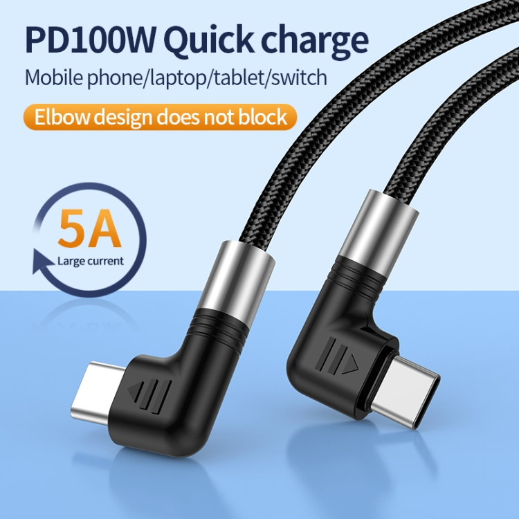 USB-C till USB-C kabel med vinklade kontakter, 5A, 100W, 2m