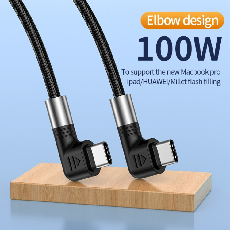 USB-C till USB-C kabel med vinklade kontakter, 5A, 100W, 2m