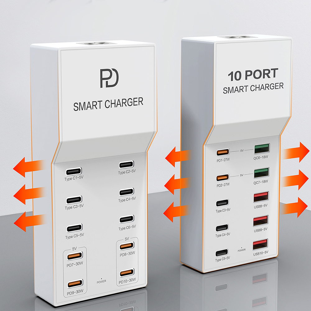 USB + USB-C Laddningsstation med 10 uttag, 72W