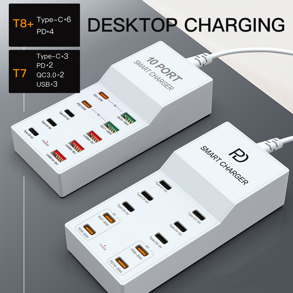 USB + USB-C Laddningsstation med 10 uttag, 72W