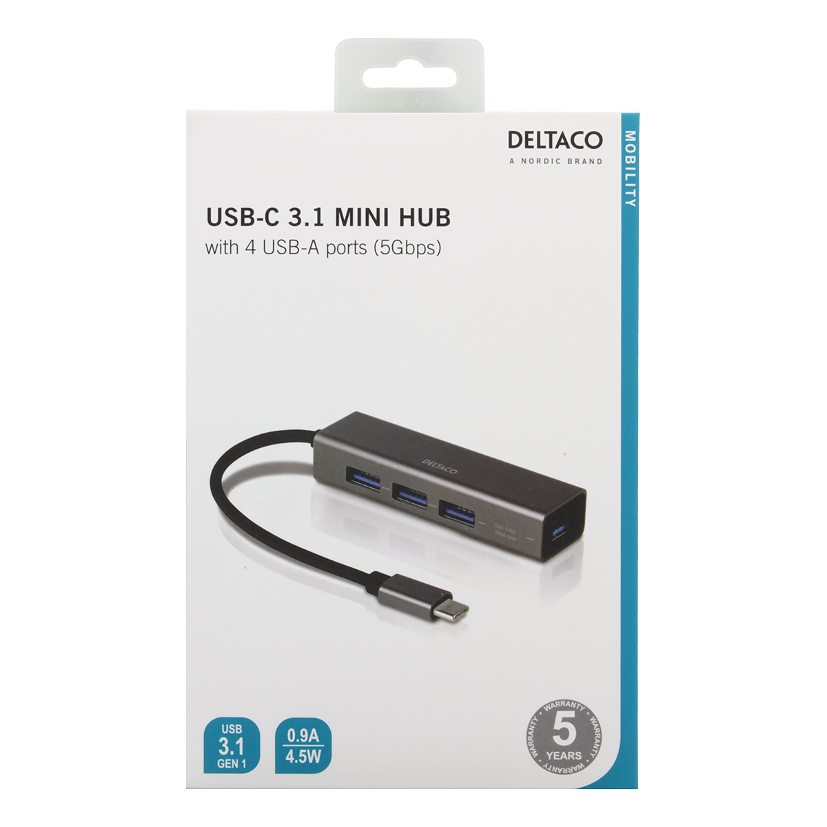 Deltaco. 4 Port hub, USB 3.1, rymdgrå