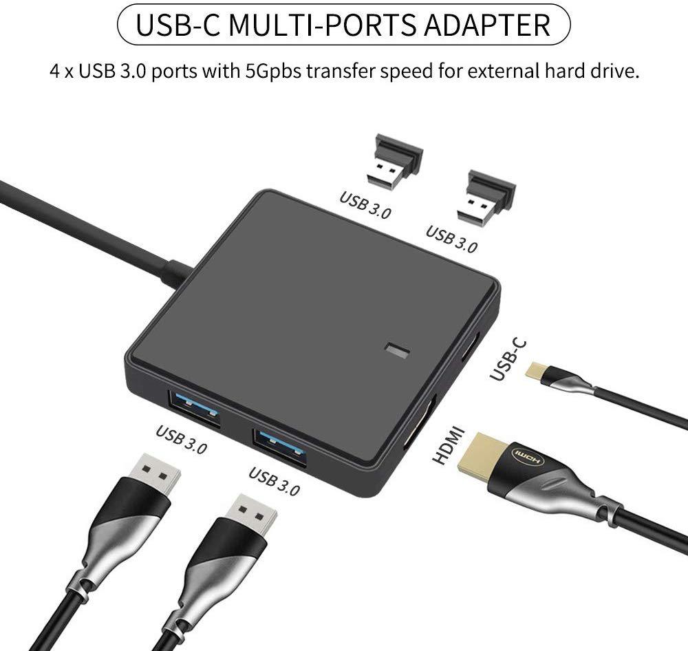 USB-C till HDMI USB-hubb med 4xUSB3.0 och USB3.1, svart