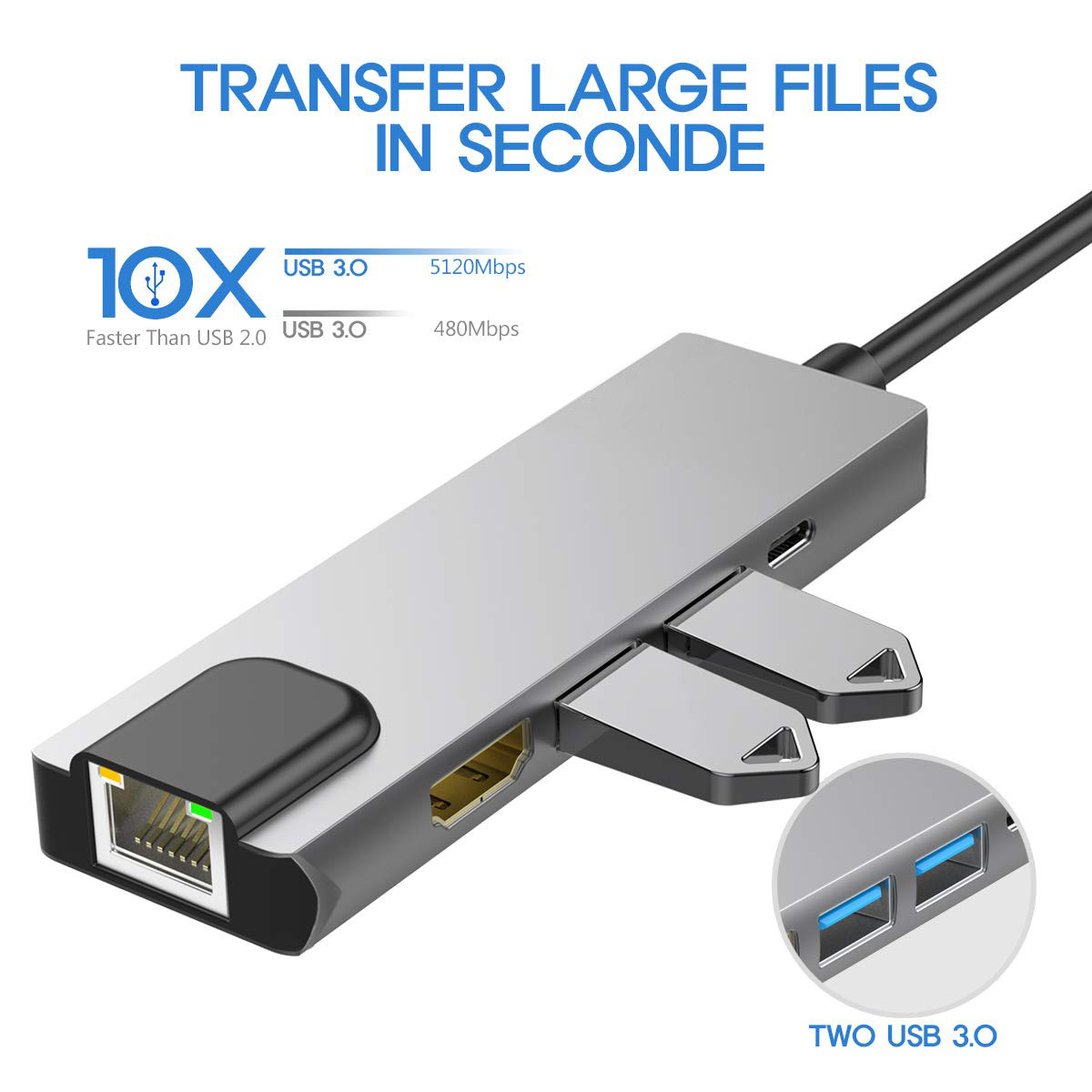USB-C till HDMI/2xUSB3.0/USB3.1/Ethernet, grå
