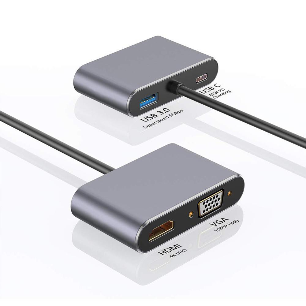USB-C till HDMI/VGA/USB3.0 Adapter med PD, grå
