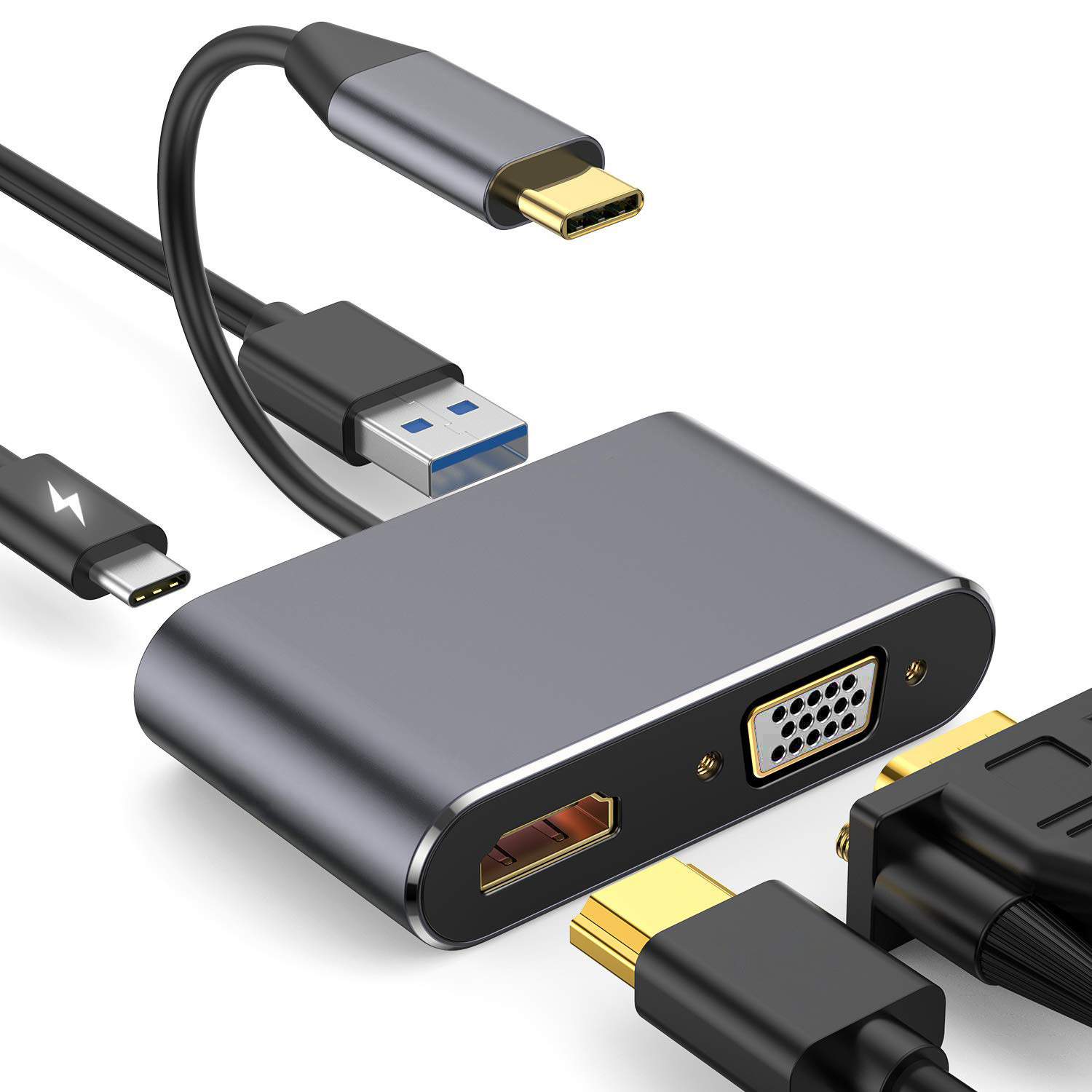 USB-C till HDMI/VGA/USB3.0 Adapter med PD, grå