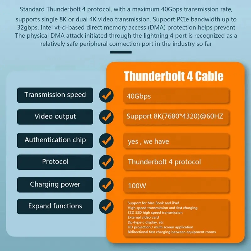 USB-C till USB-C Thunderbolt 4-kabel, 100W, 40Gbps, 0.3m