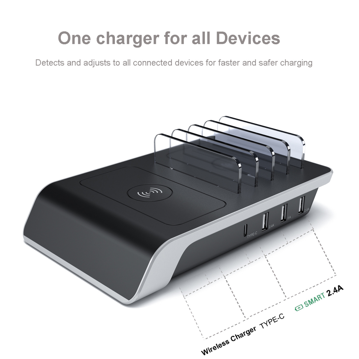 USB-Laddningsstation, 4-portar, QuickCharge 3.0, 9A, svart