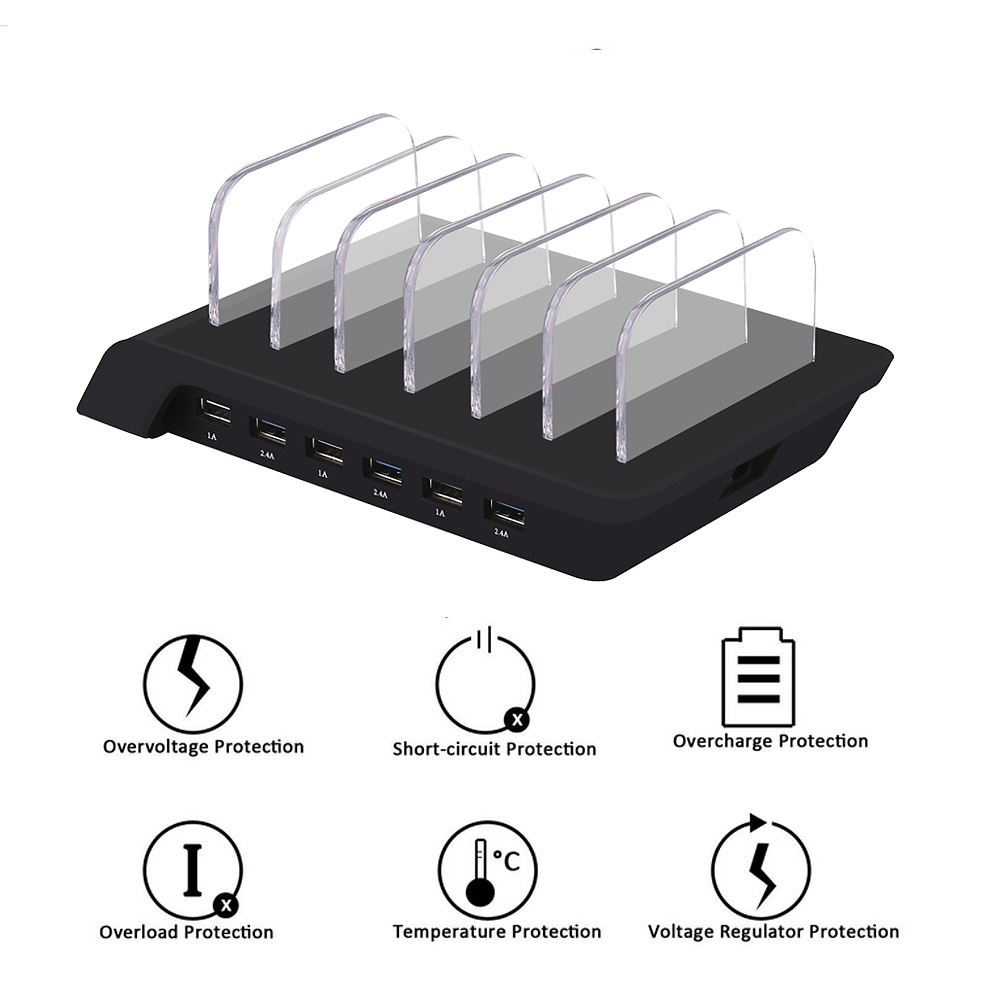 USB-Laddningsstation, 6-portar, 10.2A, svart